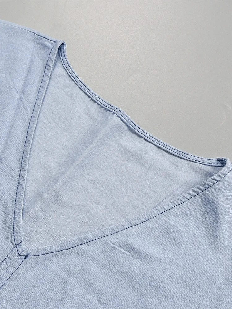 2024 Spring And Summer New Women's Shirt V Collar Denim Shirt Comfortable Casual Blue Pullover Shirt
