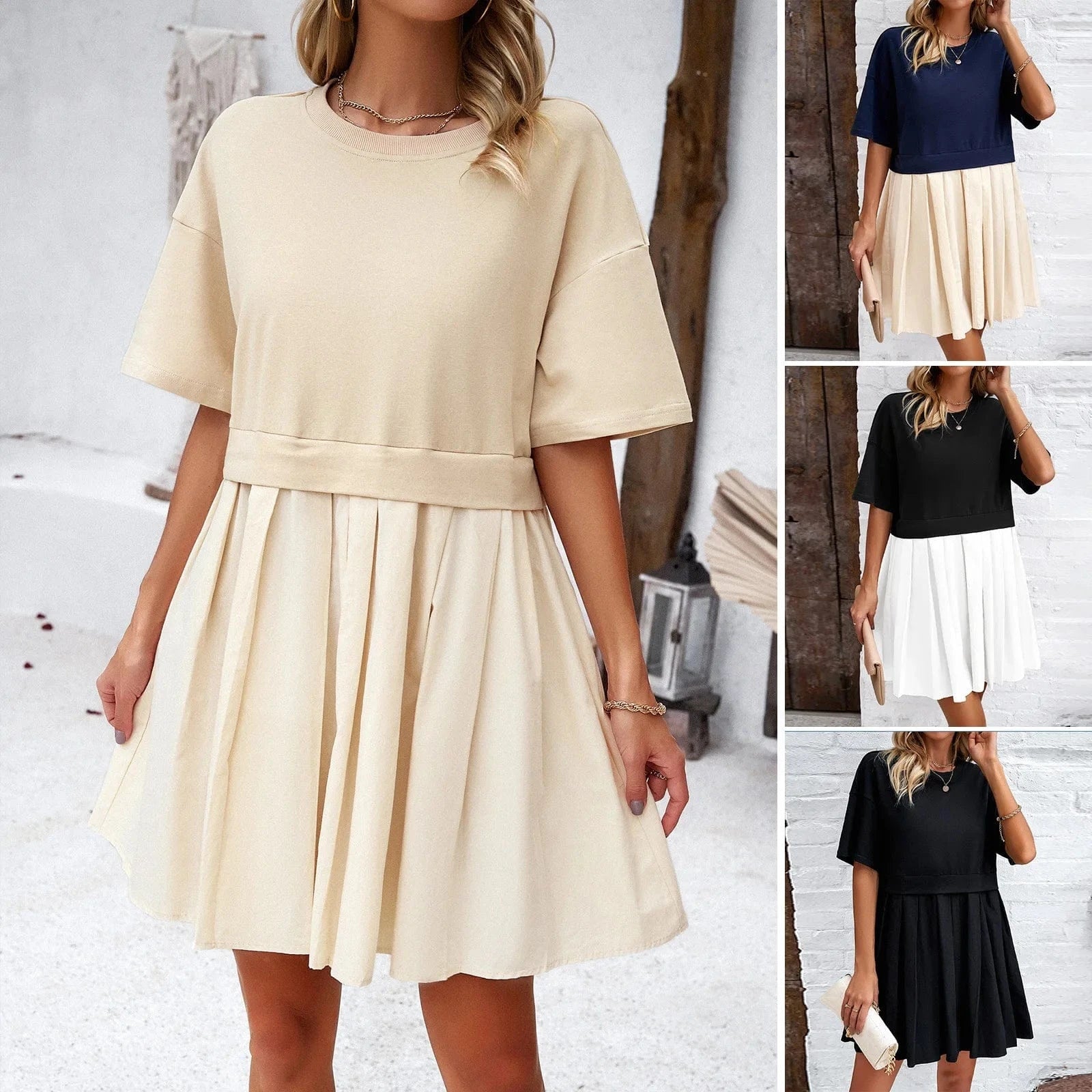 2024 spring autumn o neck design ribbed short length skirt women's dress solid color long sleeve patchwork loose dress