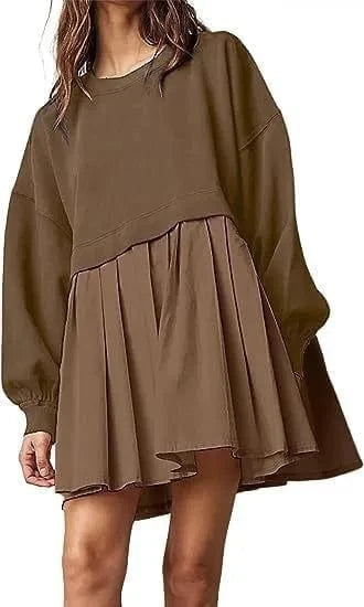 2024 spring autumn o neck design ribbed short length skirt women's dress solid color long sleeve patchwork loose dress