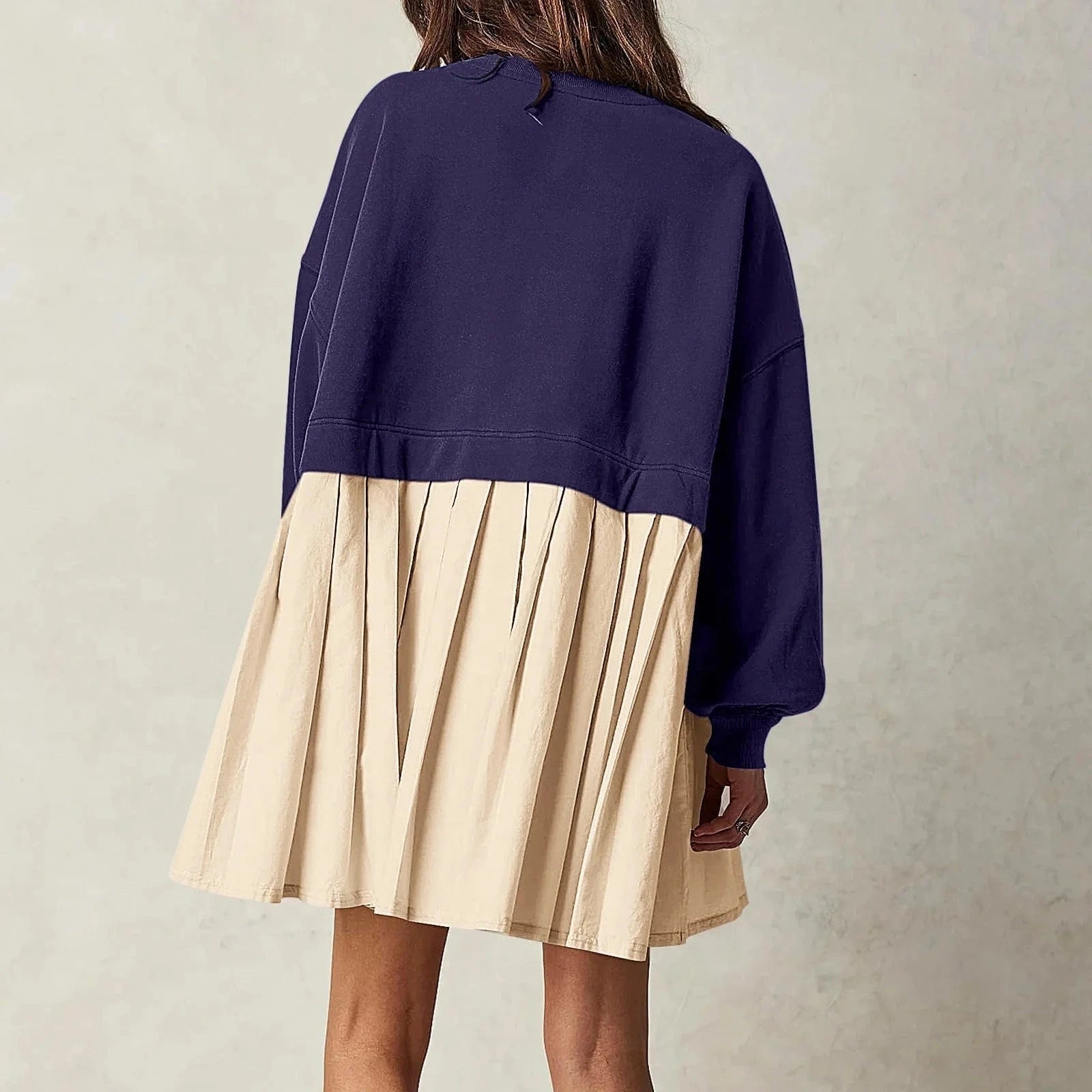 2024 spring autumn o neck design ribbed short length skirt women's dress solid color long sleeve patchwork loose dress