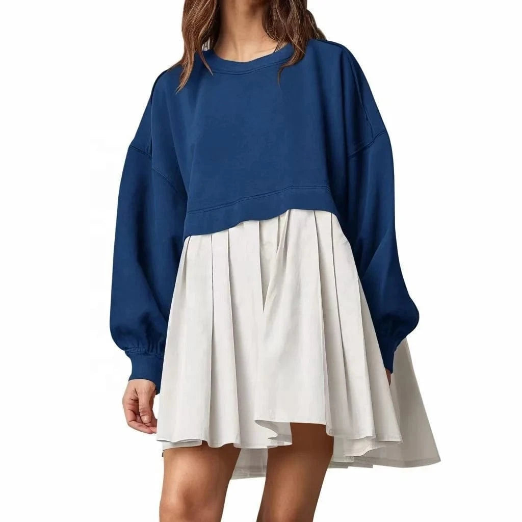 2024 spring autumn o neck design ribbed short length skirt women's dress solid color long sleeve patchwork loose dress