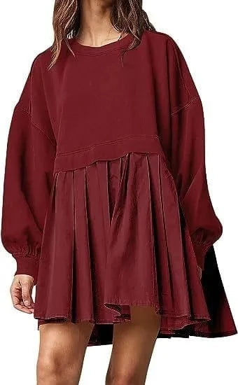 2024 spring autumn o neck design ribbed short length skirt women's dress solid color long sleeve patchwork loose dress