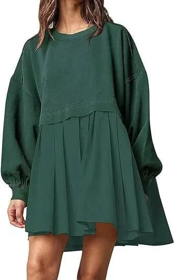 2024 spring autumn o neck design ribbed short length skirt women's dress solid color long sleeve patchwork loose dress