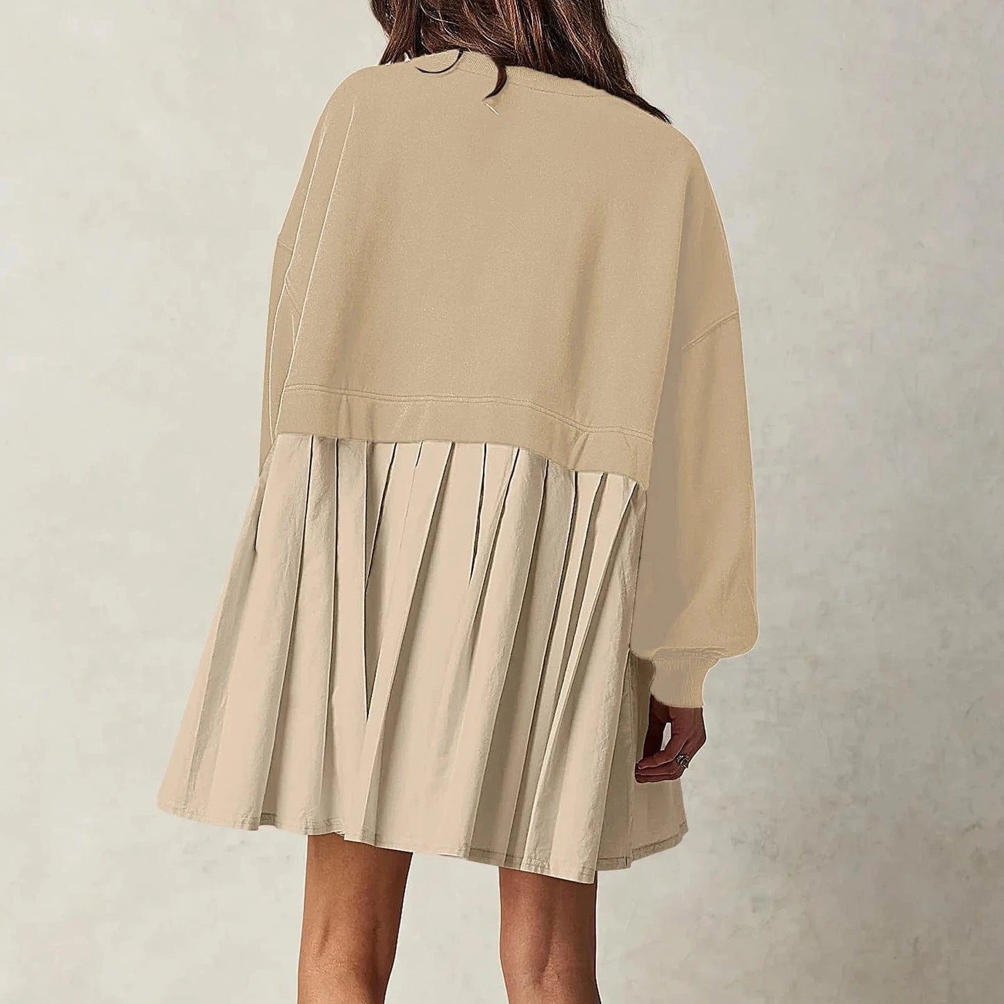 2024 spring autumn o neck design ribbed short length skirt women's dress solid color long sleeve patchwork loose dress