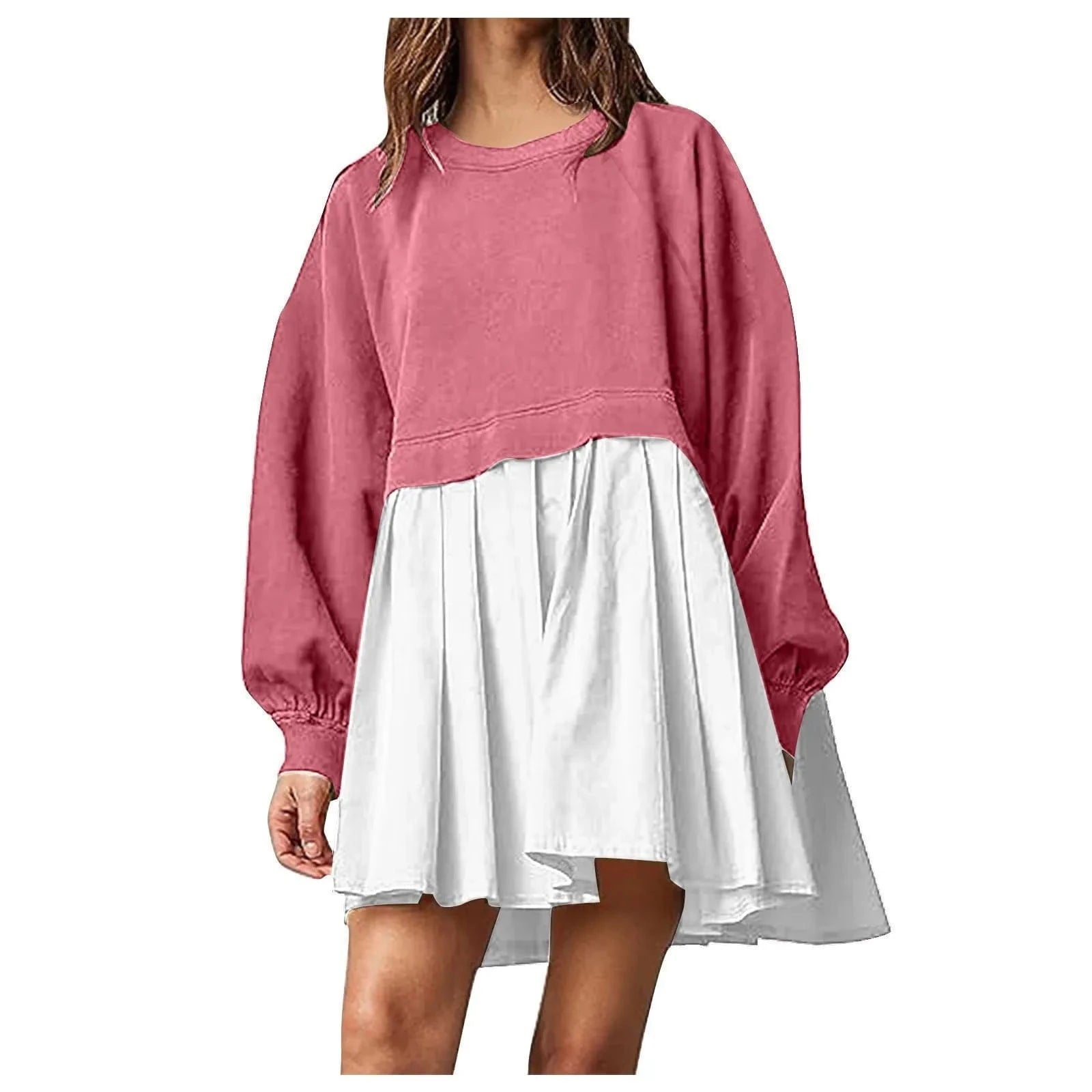 2024 spring autumn o neck design ribbed short length skirt women's dress solid color long sleeve patchwork loose dress
