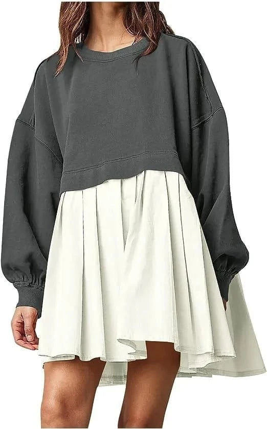 2024 spring autumn o neck design ribbed short length skirt women's dress solid color long sleeve patchwork loose dress