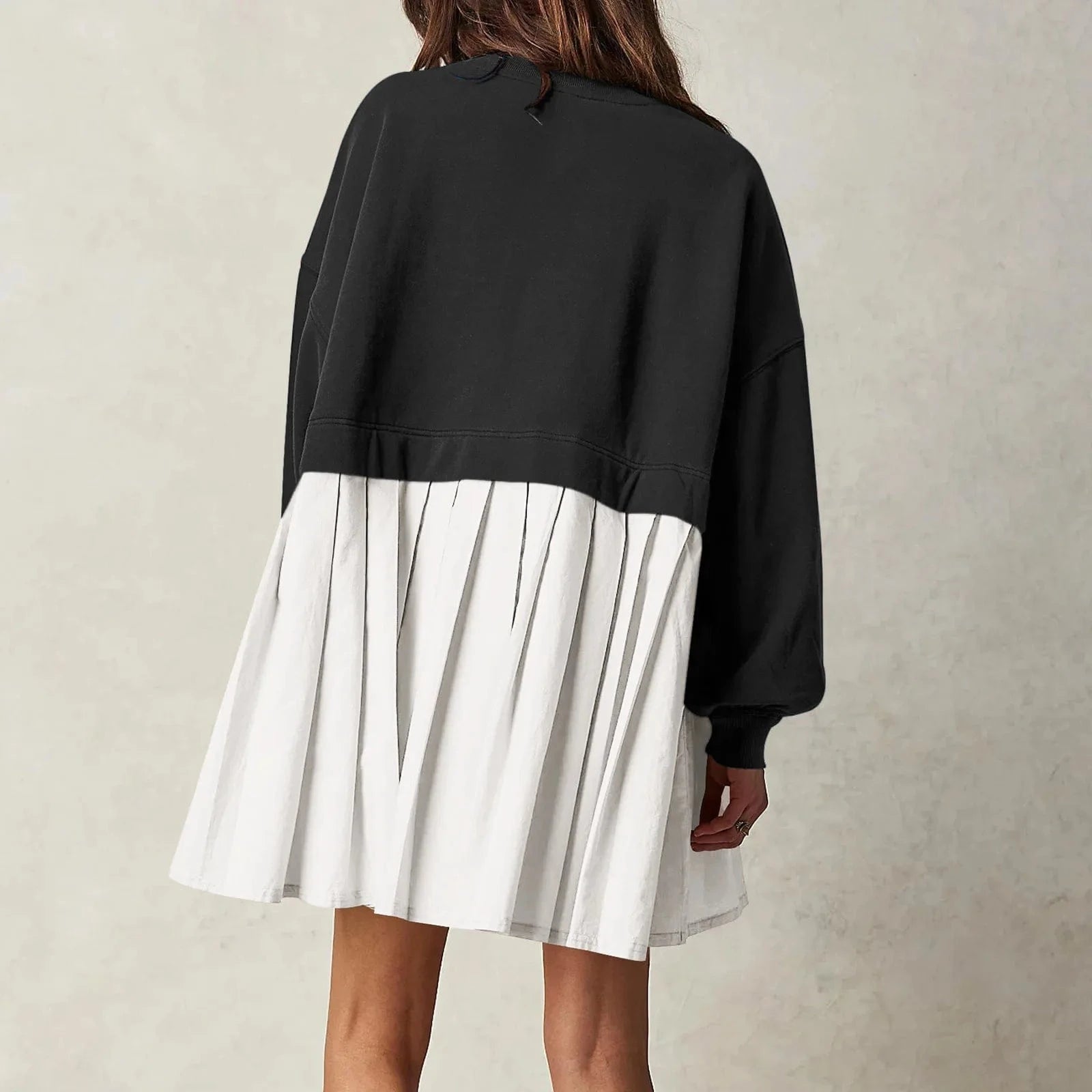 2024 spring autumn o neck design ribbed short length skirt women's dress solid color long sleeve patchwork loose dress