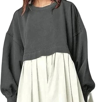 2024 spring autumn o neck design ribbed short length skirt women's dress solid color long sleeve patchwork loose dress