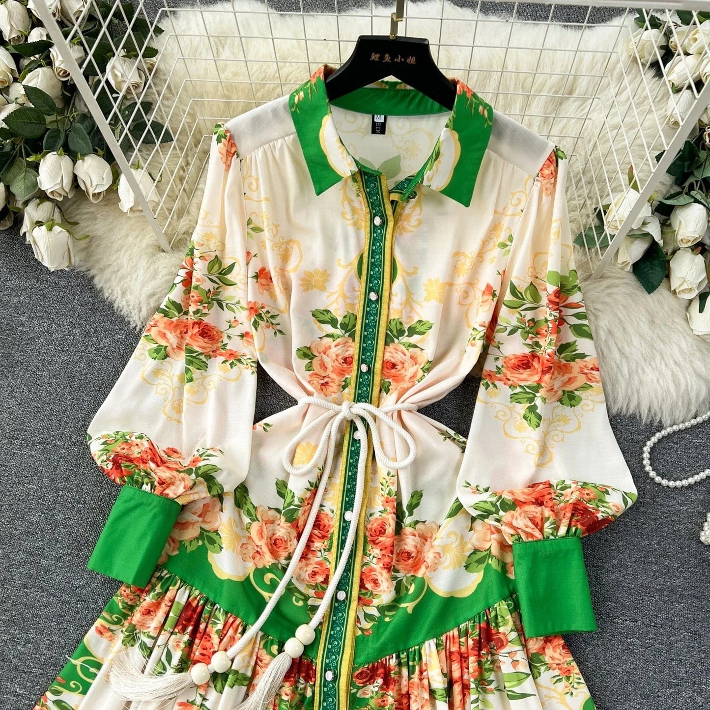2024 Spring Autumn Retro Style Evening Gown Lantern Long Sleeve Belted Slim Single-breasted A-line Print Dress