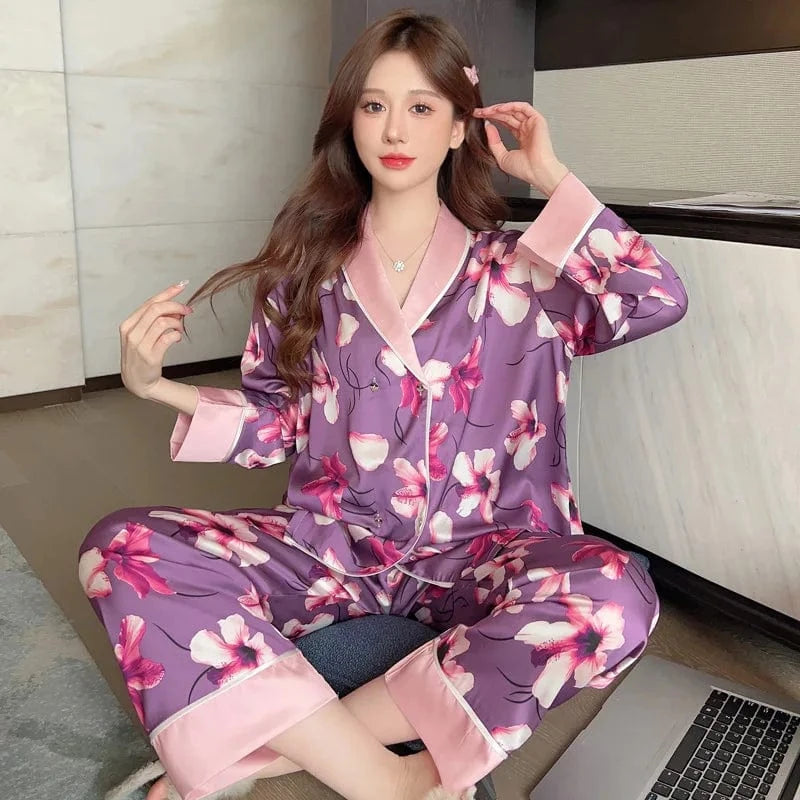 2024 Spring Autumn Women's Pajamas Set Flower Print Sleepwear Elegant Luxury Homewear Style Nightwear Valentine Gift