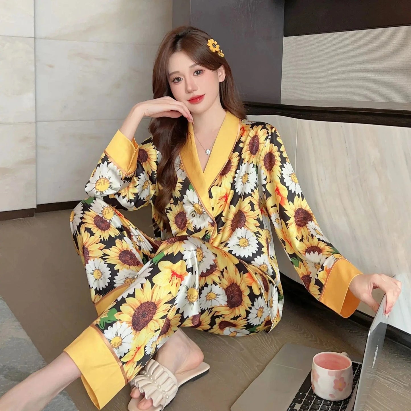 2024 Spring Autumn Women's Pajamas Set Flower Print Sleepwear Elegant Luxury Homewear Style Nightwear Valentine Gift