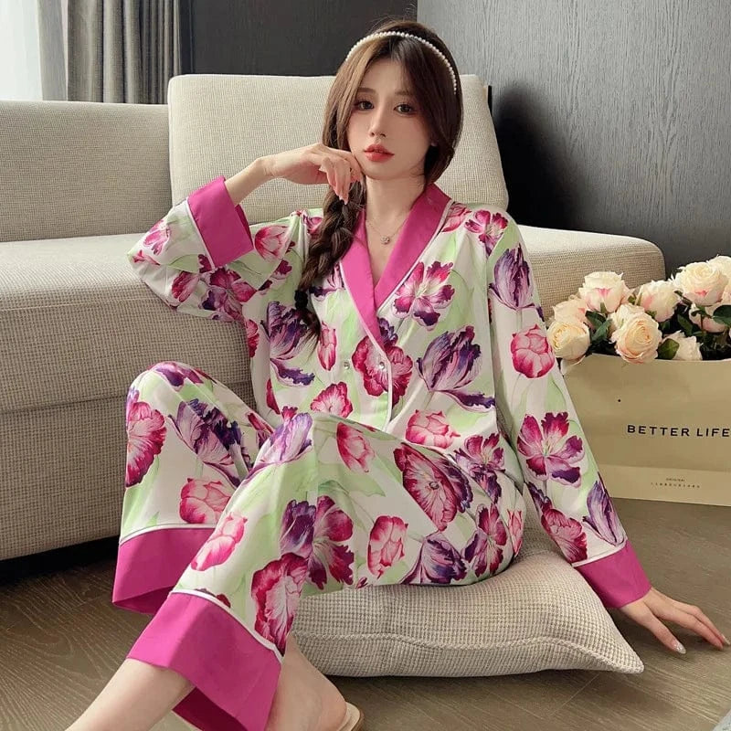 2024 Spring Autumn Women's Pajamas Set Flower Print Sleepwear Elegant Luxury Homewear Style Nightwear Valentine Gift
