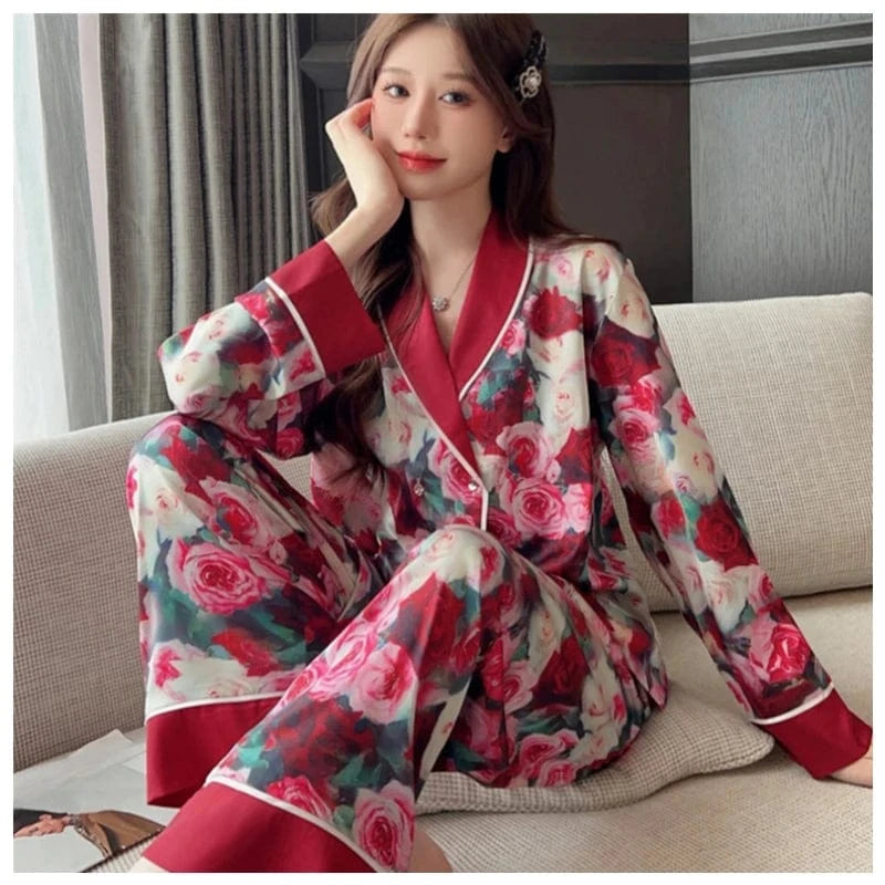 2024 Spring Autumn Women's Pajamas Set Flower Print Sleepwear Elegant Luxury Homewear Style Nightwear Valentine Gift