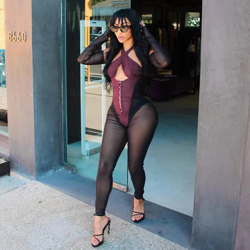 2024 spring boutique fashion patchwork mesh one piece women's jumpsuits playsuits