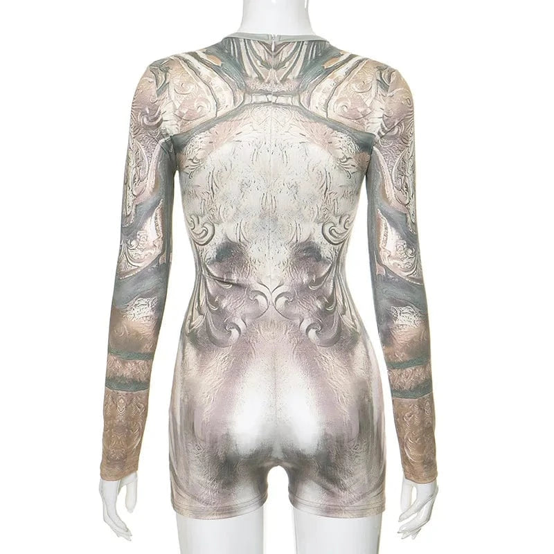 2024 spring boutique fashion stretchy bodycon digital one piece playsuit jumpsuit shorts