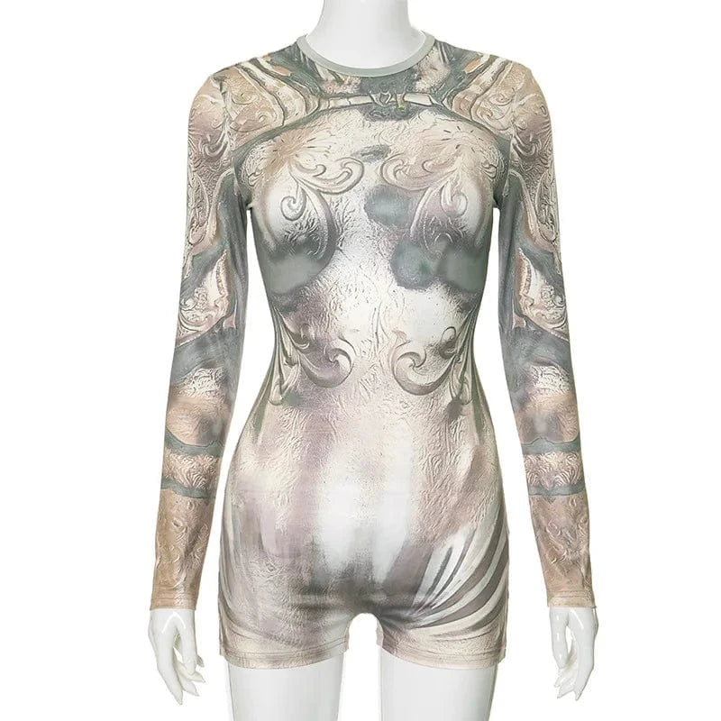 2024 spring boutique fashion stretchy bodycon digital one piece playsuit jumpsuit shorts