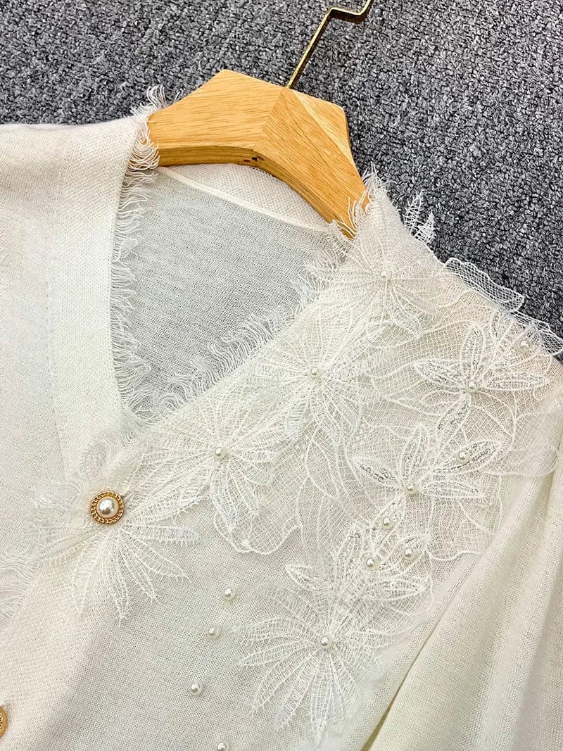2024 Spring Elegant Style Women Lace Appliques V-neckline Single-breasted Cardigan Office Lady Slim Beading Fitted Coat