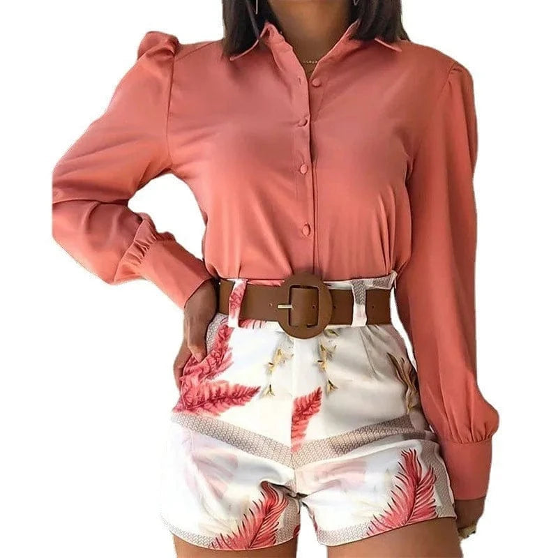 2024 Spring Fashion Leisure Suit Solid Color Long Sleeve Lapel Shirt Printed Shorts belt 3-piece Set Women Suit three Piece Set