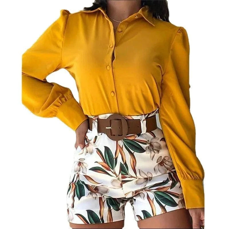 2024 Spring Fashion Leisure Suit Solid Color Long Sleeve Lapel Shirt Printed Shorts belt 3-piece Set Women Suit three Piece Set