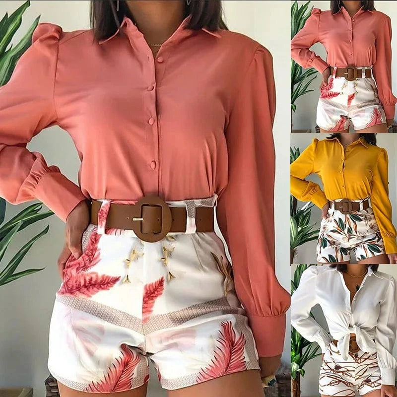 2024 Spring Fashion Leisure Suit Solid Color Long Sleeve Lapel Shirt Printed Shorts belt 3-piece Set Women Suit three Piece Set