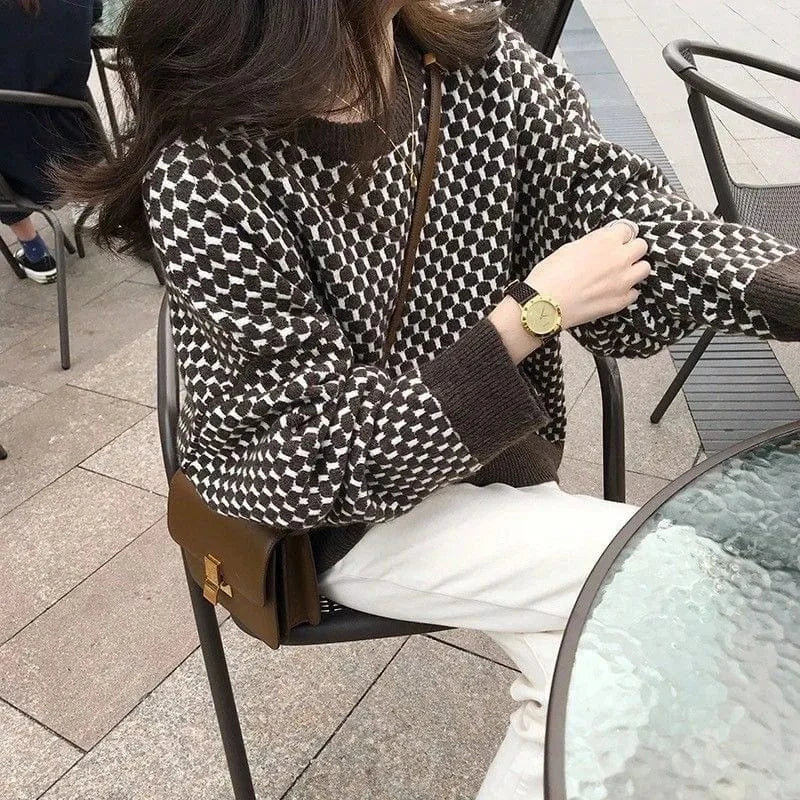 2024 Spring fashion women's new arrival crew-neck high-quality plaid jacquard long-sleeved solid color pullover sweater