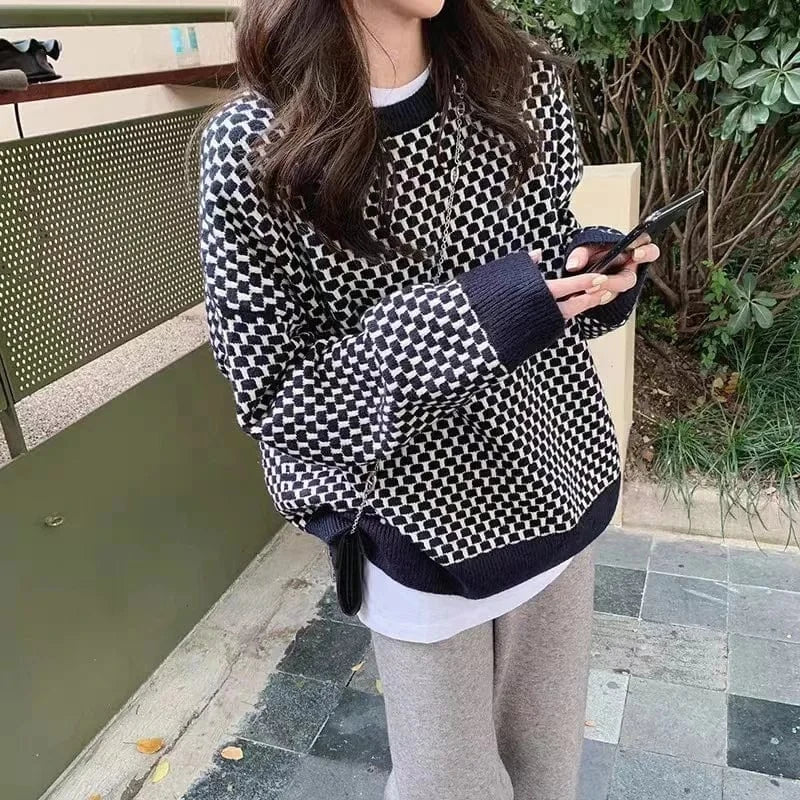 2024 Spring fashion women's new arrival crew-neck high-quality plaid jacquard long-sleeved solid color pullover sweater