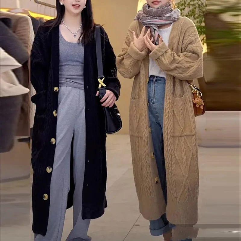 2024 spring high quality thickened solid color fashion women's cardigan V-neck button design long loose knitted long coat