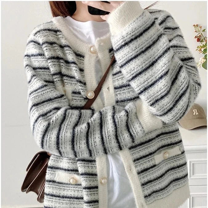 2024 Spring ladies long sleeve classic elegant cardigan striped crew neck high quality sweater coat