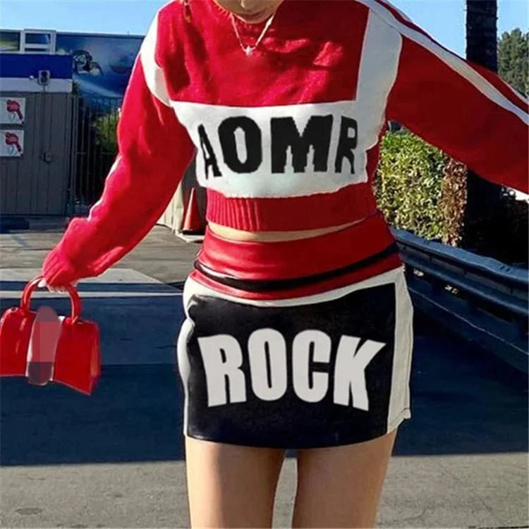 2024 Spring Letter Two Piece Women Skirts Outfits Long Sleeve Knitted Cropped Tops and PU Faux Leather Mini Skirt Matching Sets