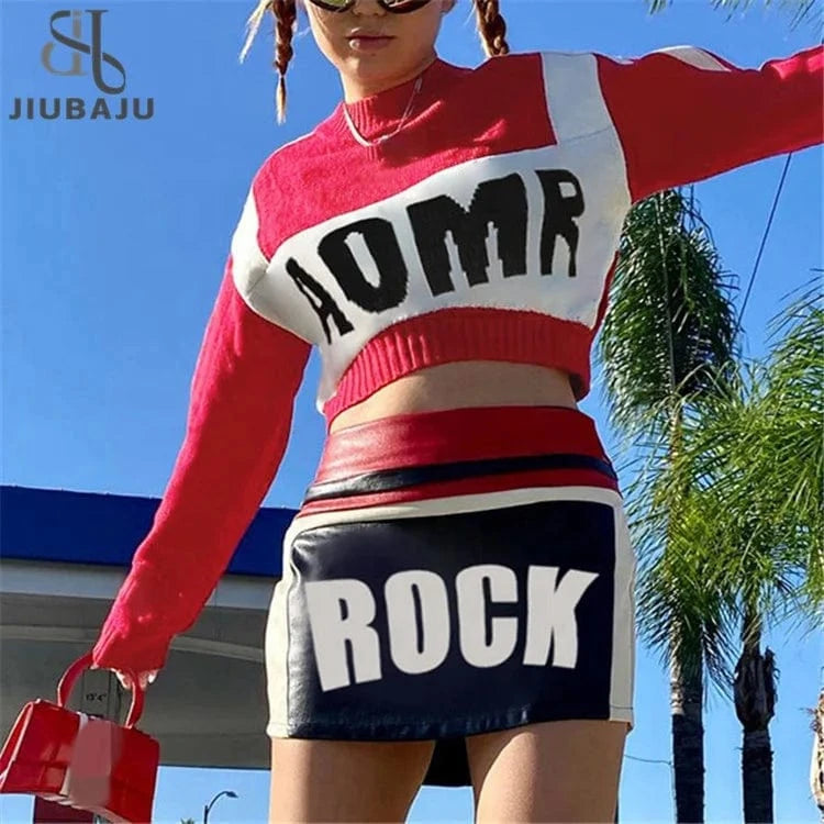 2024 Spring Letter Two Piece Women Skirts Outfits Long Sleeve Knitted Cropped Tops and PU Faux Leather Mini Skirt Matching Sets