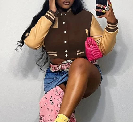2024 spring long sleeve button letter coat patchwork sexy short baseball jacket coat for women lady