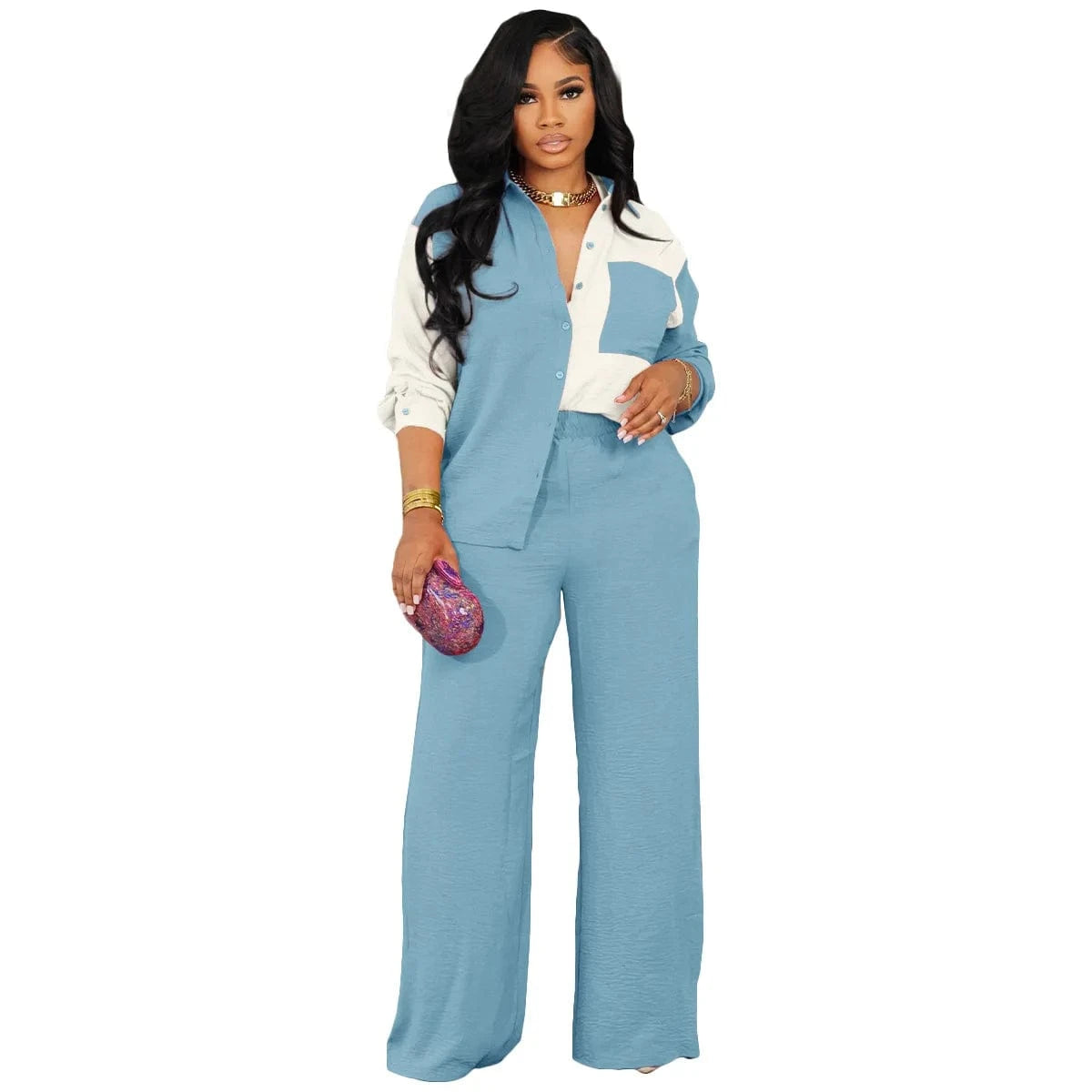 2024 Spring New Arrival  Casual Patchwork Pocket Shirt Pants Women Two Piece Set