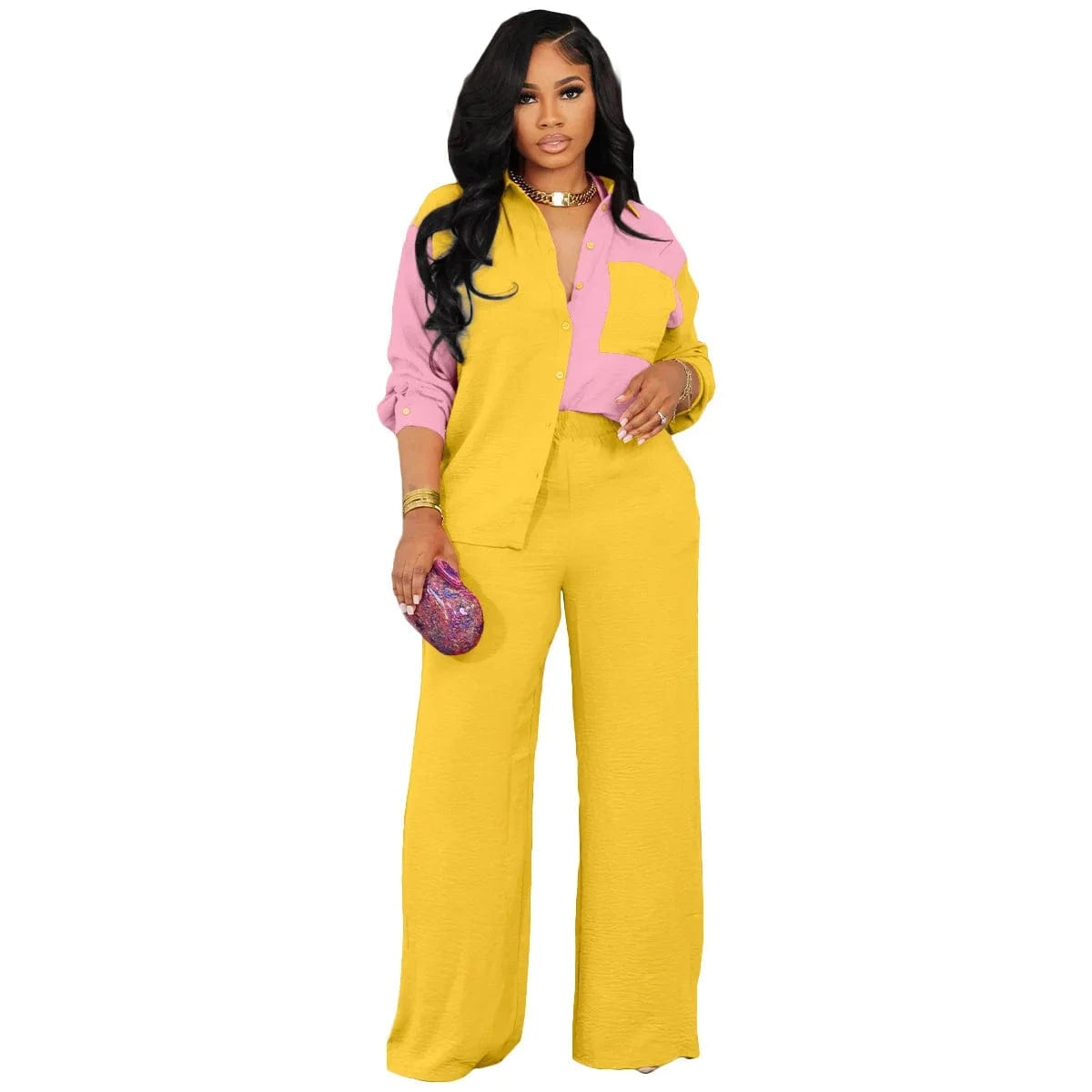 2024 Spring New Arrival Casual Patchwork Pocket Shirt Pants Women Two Piece Set