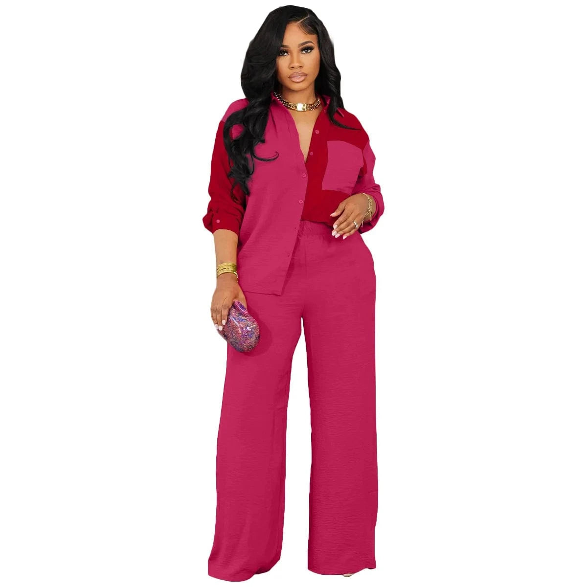 2024 Spring New Arrival Casual Patchwork Pocket Shirt Pants Women Two Piece Set