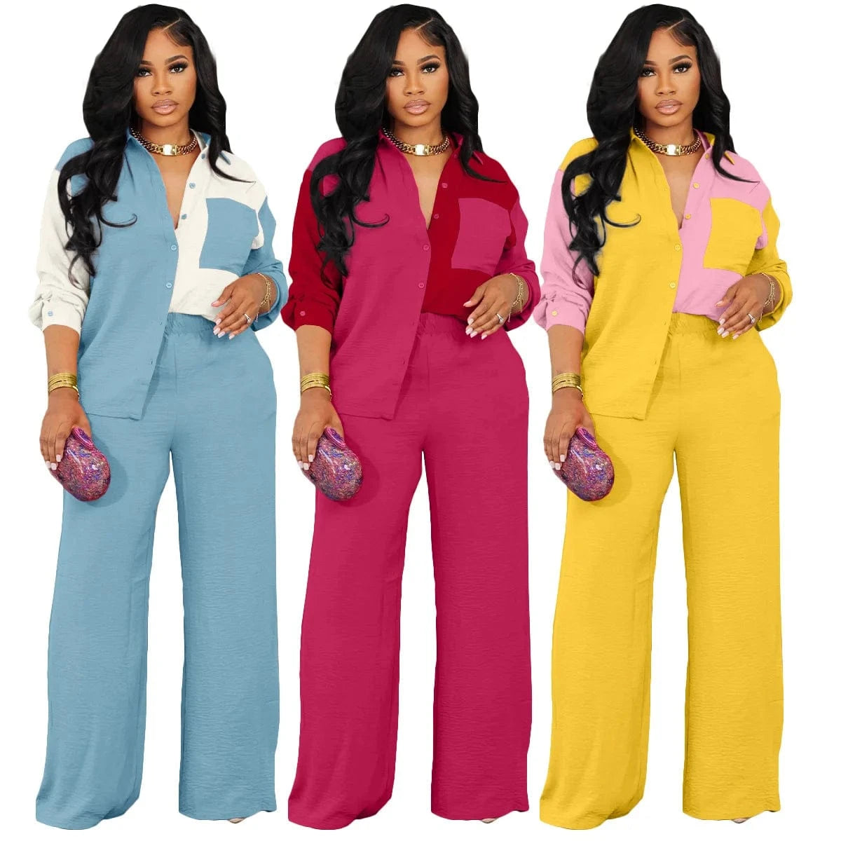 2024 Spring New Arrival Casual Patchwork Pocket Shirt Pants Women Two Piece Set
