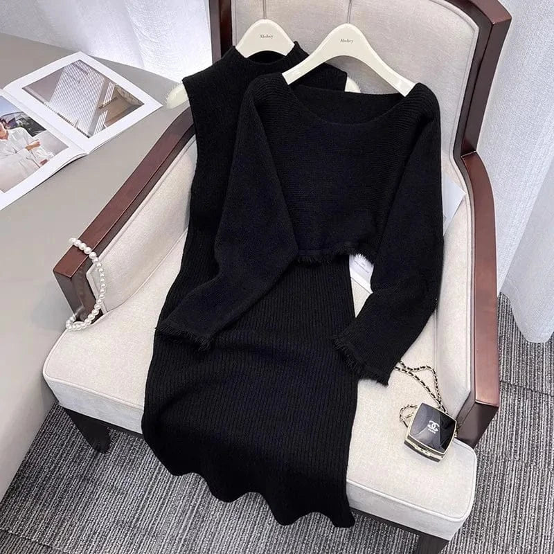 2024 Spring new arrival fashion lady boat collar long sleeve loose top and mock collar sleeveless dress set