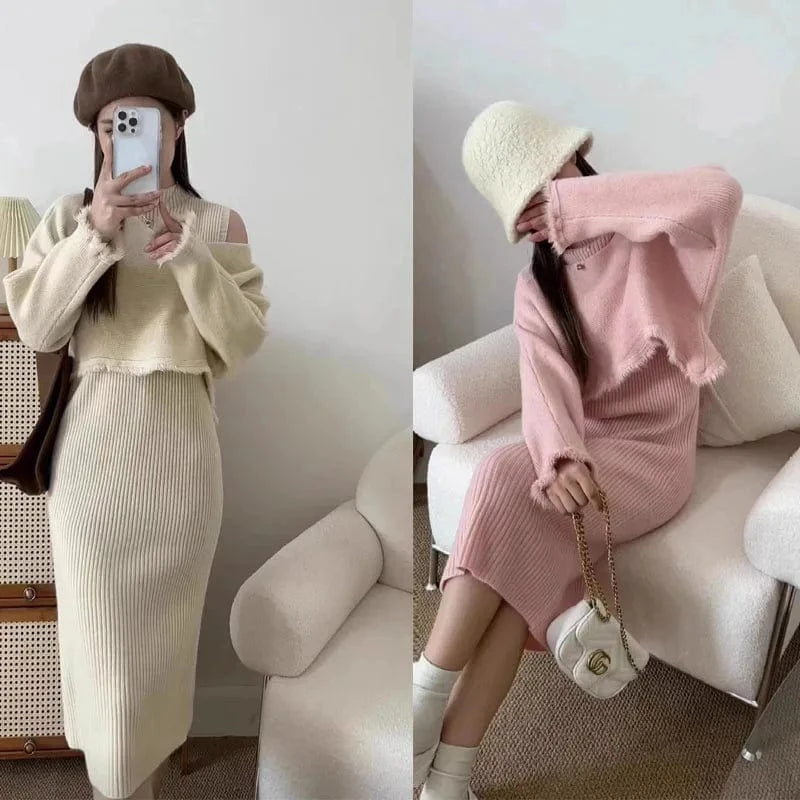 2024 Spring new arrival fashion lady boat collar long sleeve loose top and mock collar sleeveless dress set