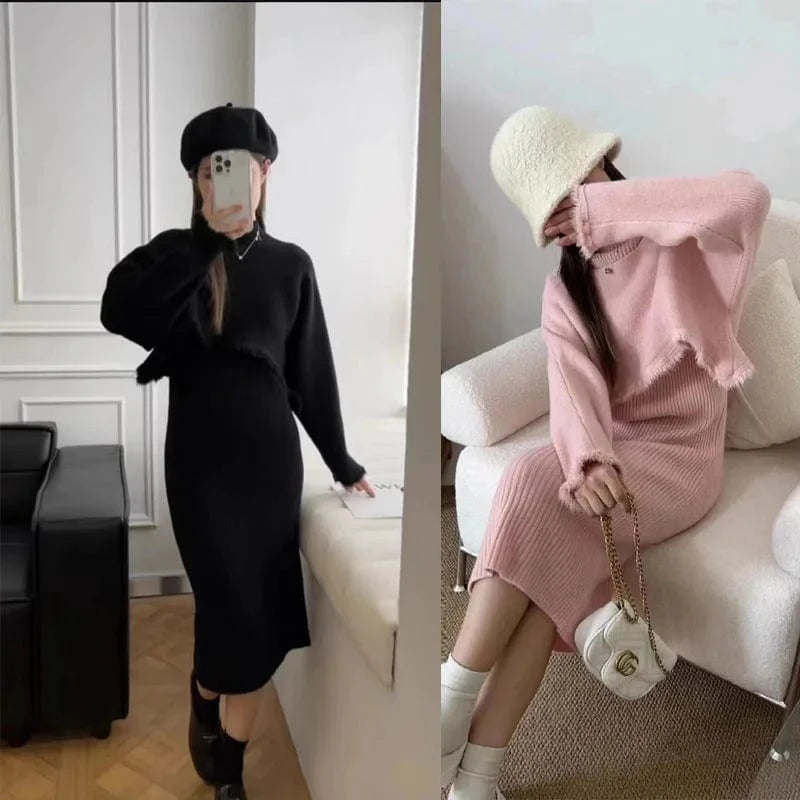 2024 Spring new arrival fashion lady boat collar long sleeve loose top and mock collar sleeveless dress set