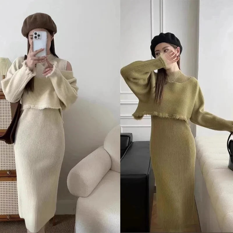 2024 Spring new arrival fashion lady boat collar long sleeve loose top and mock collar sleeveless dress set