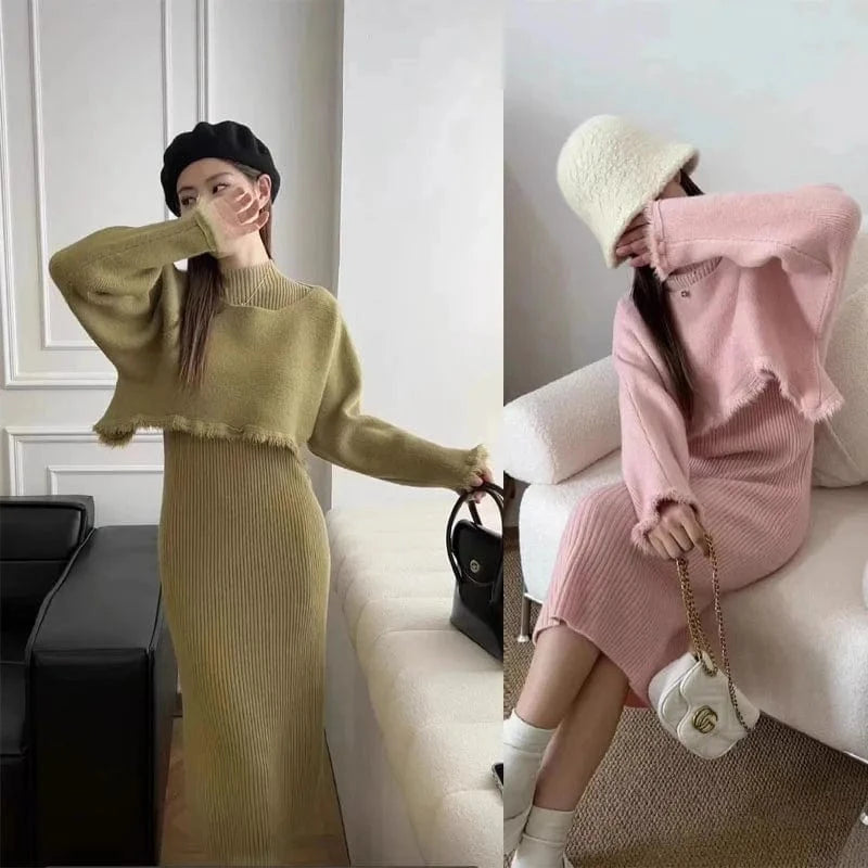 2024 Spring new arrival fashion lady boat collar long sleeve loose top and mock collar sleeveless dress set