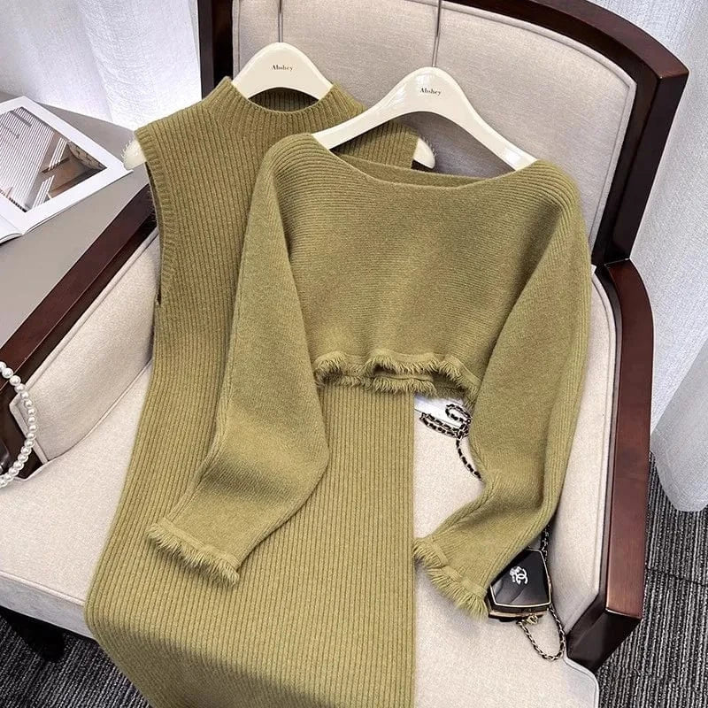 2024 Spring new arrival fashion lady boat collar long sleeve loose top and mock collar sleeveless dress set