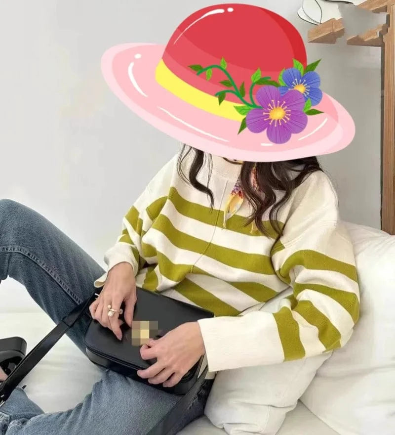 2024 spring new arrival fashion lady crew neck batwing sleeve oversized stripe women sweater