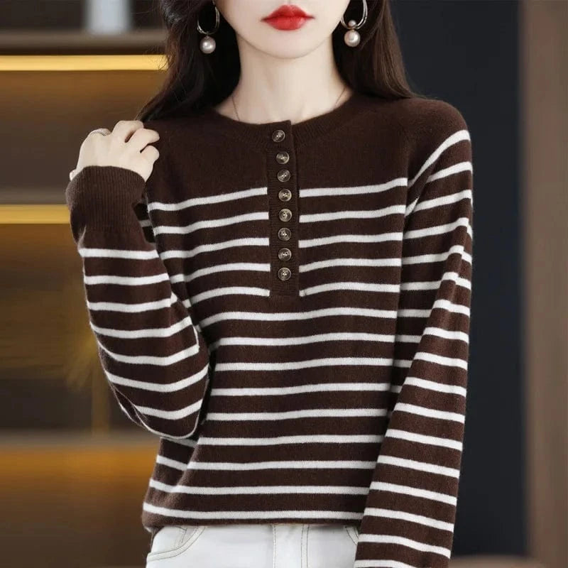 2024 spring new arrival fashion lady crew neck long sleeve free size stripe button decorative women sweater