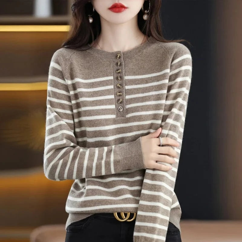 2024 spring new arrival fashion lady crew neck long sleeve free size stripe button decorative women sweater