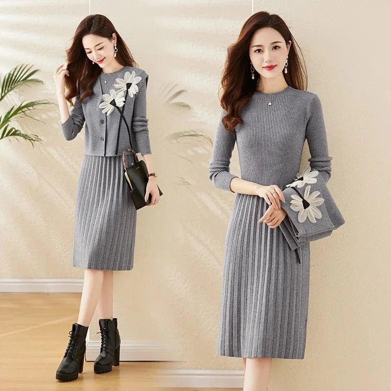 2024 Spring new arrival fashion lady mock collar long sleeve collect waist loose hip long dress and vest coat sweater twin set