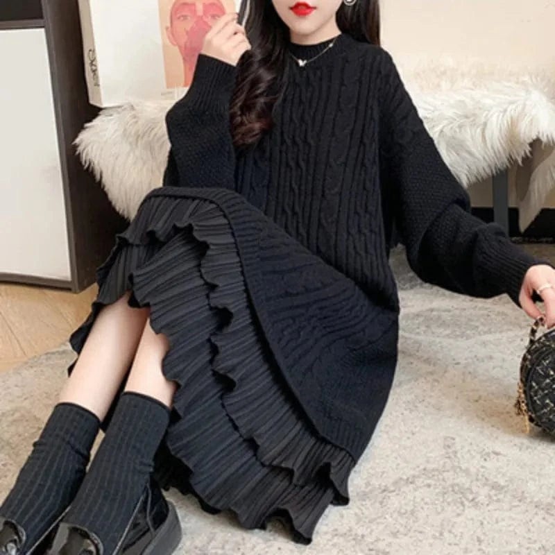 2024 spring new arrival fashion lady mock collar long sleeve lace oversized pink sweater dress