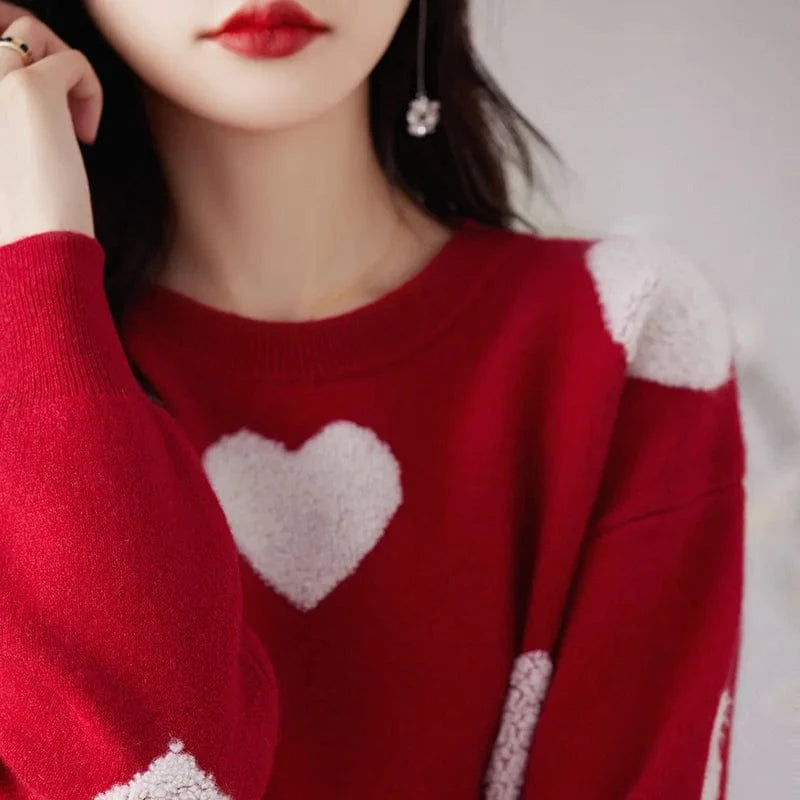 2024 spring new arrival fashion lady round neck long sleeve plus size heart shape print women pullover sweater