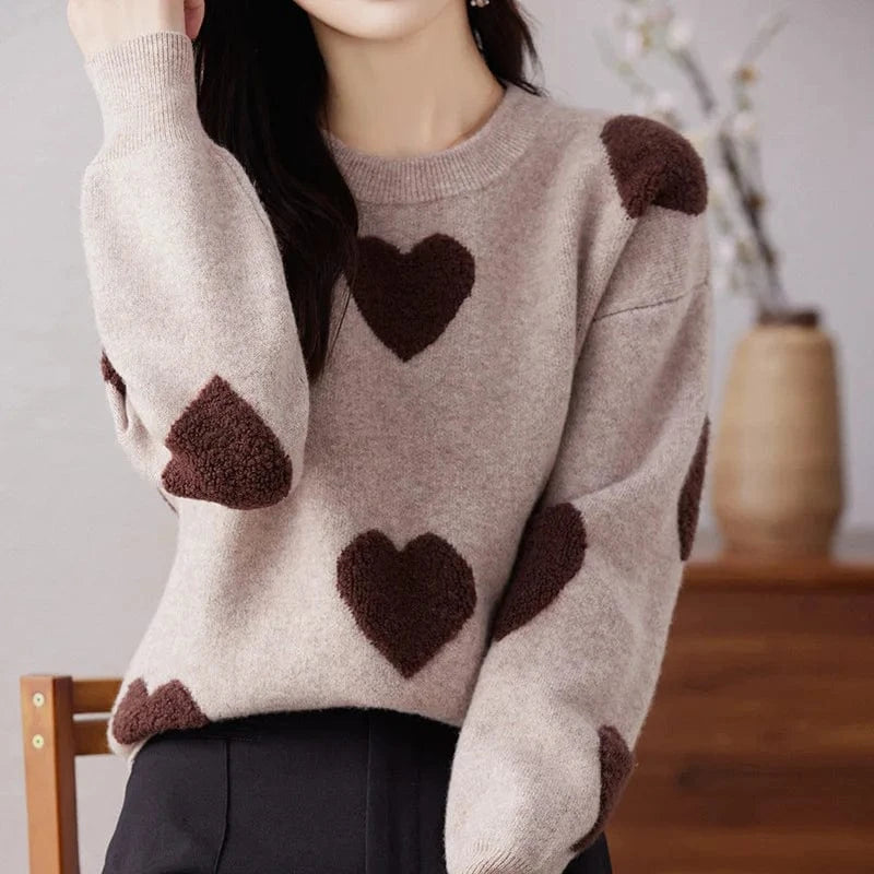 2024 spring new arrival fashion lady round neck long sleeve plus size heart shape print women pullover sweater