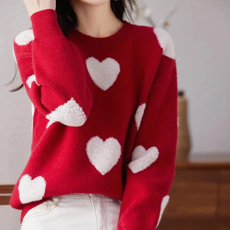 2024 spring new arrival fashion lady round neck long sleeve plus size heart shape print women pullover sweater