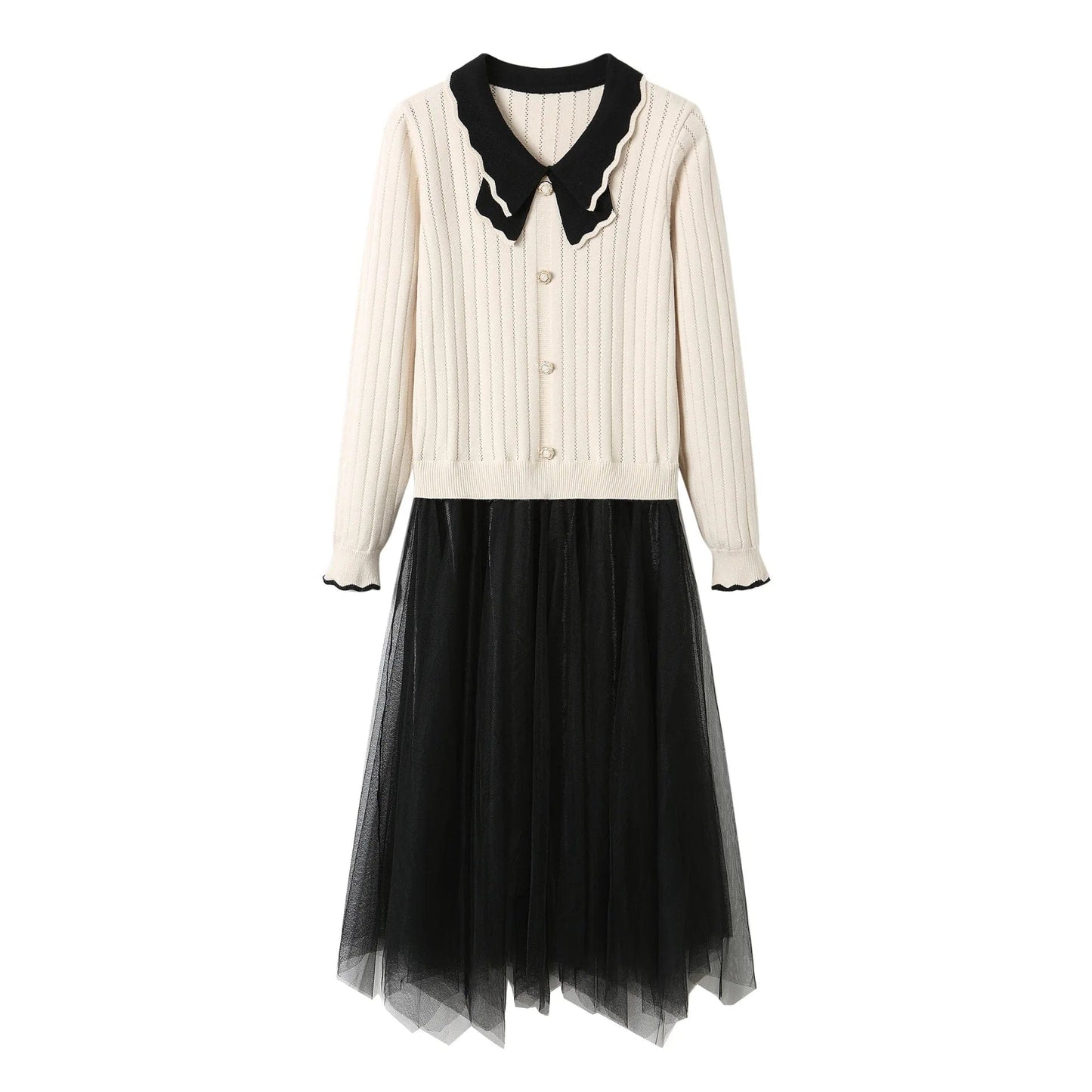 2024 spring new arrival fashion lady V-neck butterfly collar long sleeve Knitted patchwork mesh sweater dress